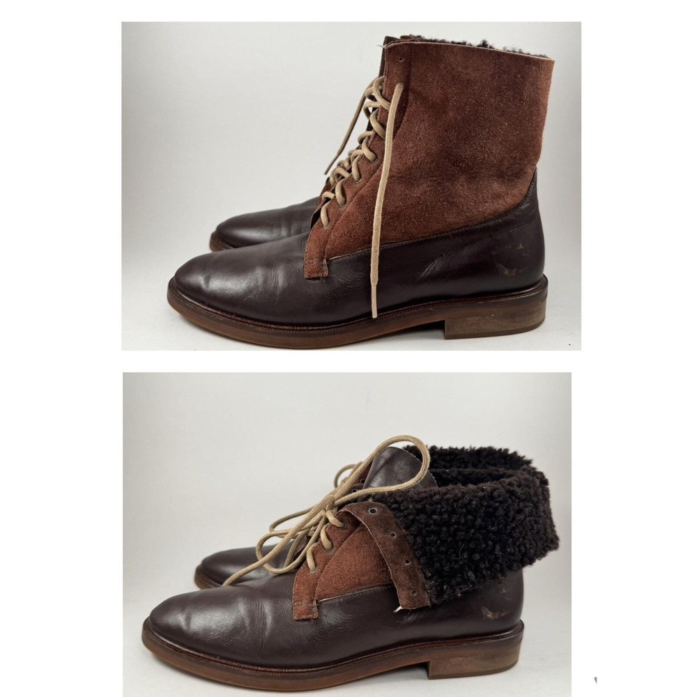 Brown Leather‎ Suede Lace Up Boots Faux Fur Lined Fold Over Ankle Ann Taylor - Picture 3 of 16